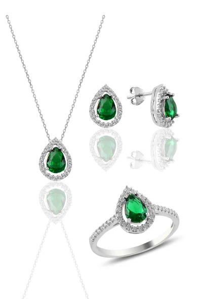 Gümüş rodyumlu kök zümrüt taşlı damla modeli üçlü set SGTL11003YESIL ürün görseli 1