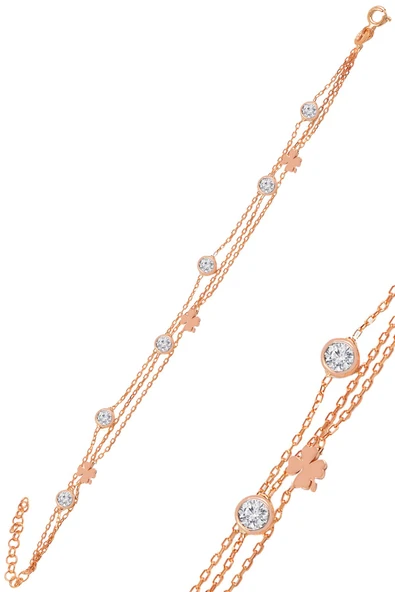 Gümüş rose zirkon taşlı yonca  figürlü bileklik SGTL11015ROSE ürün görseli 1