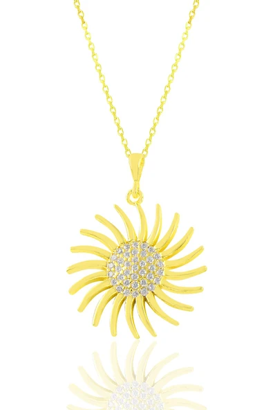 Gümüş altın yaldızlı zirkon taşlı güneş kolye SGTL11039GOLD ürün görseli 1