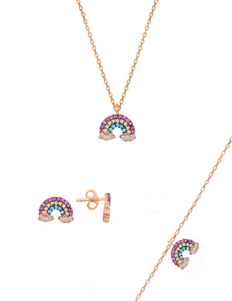 Gümüş rose renkli taşlı gök kuşağı üçlü set SGTL11052ROSE ürün görseli 1