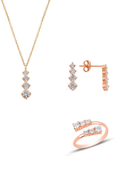 Gümüş rose zirkon taşlı pırlanta modeli pırıltı üçlü set SGTL11088ROSE ürün görseli 1