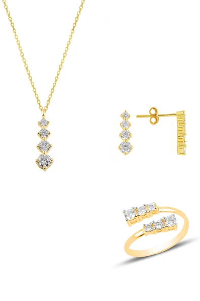 Gümüş altın yaldızlı zirkon taşlı pırlanta modeli pırıltı üçlü set SGTL11088GOLD ürün görseli 1