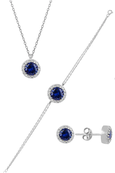Gümüş rodyumlu zirkon ve  safir taşlı pırlanta modeli üçlü set SGTL11174LACI ürün görseli 1