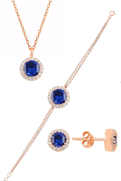 Gümüş rose zirkon ve  safir taşlı pırlanta modeli üçlü set SGTL11175LACI ürün görseli 1