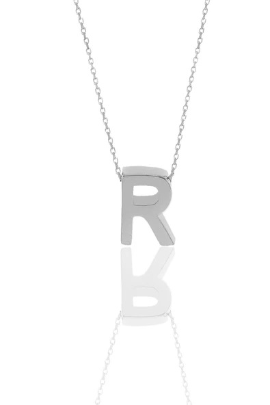 Gümüş rodyumlu üç boyutlu minimal  R harf kolye SGTL11181R ürün görseli 1