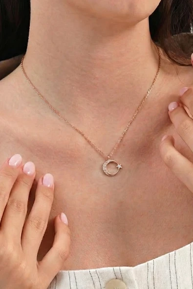 Gümüş rose zirkon taşlı ay yıldız kolye SGTL11187ROSE ürün görseli 1