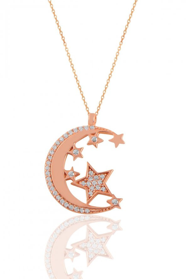 Gümüş rose zirkon taşlı ay ve yıldızlar kolye ürün görseli 1