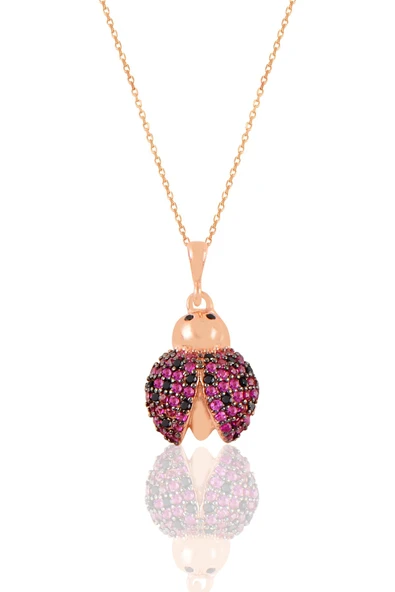 Gümüş rose fuşya taşlı uğur böceği kolye  SGTL11195ROSE ürün görseli 1