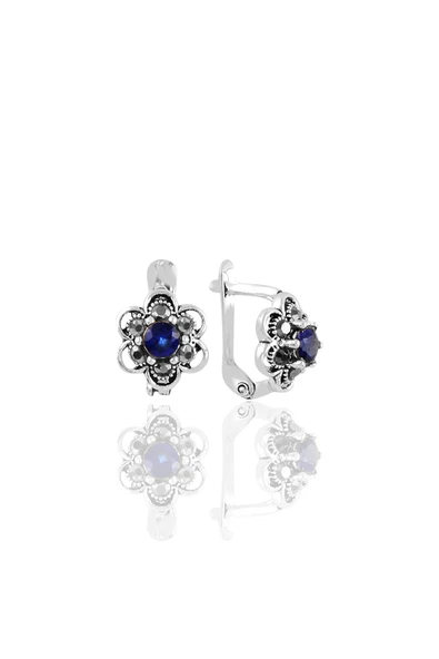 Gümüş  markazit ve safir taşlı çiçek modeli  küpe SGTL11238LACI ürün görseli 1