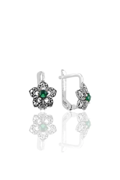 Gümüş  markazit ve kök zümrüt taşlı lotus modeli  küpe SGTL11237YESIL ürün görseli 1