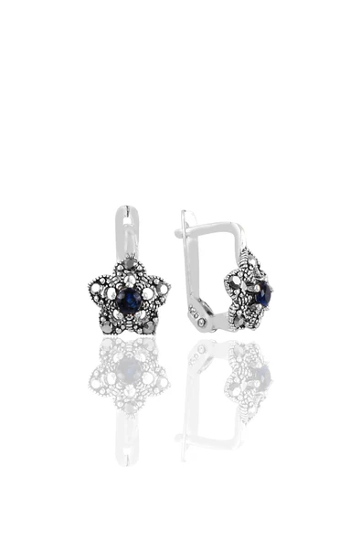 Gümüş  markazit ve safir taşlı lotus modeli  küpe SGTL11237LACI ürün görseli 1