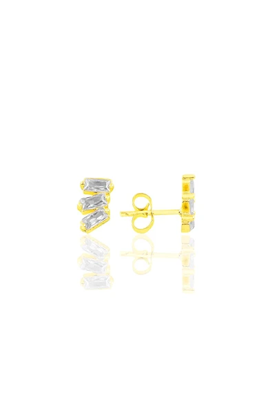 Gümüş altın yaldızlı  üç baget taşlı küpe SGTL10759GOLD ürün görseli 1