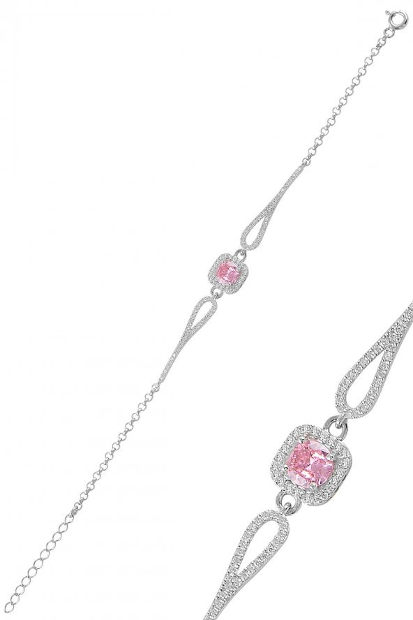 Gümüş rodyumlu pırlanta modeli pembe zirkon  taşlı  kare  bileklik ürün görseli 1
