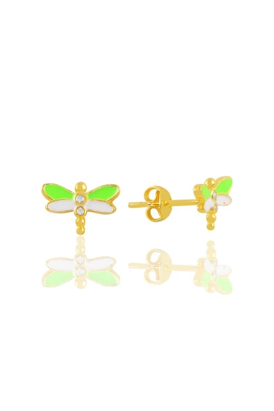 Gümüş altın yaldızlı yeşil mineli zirkon taşlı yusufçuk küpe SGTL11350GOLD ürün görseli 1