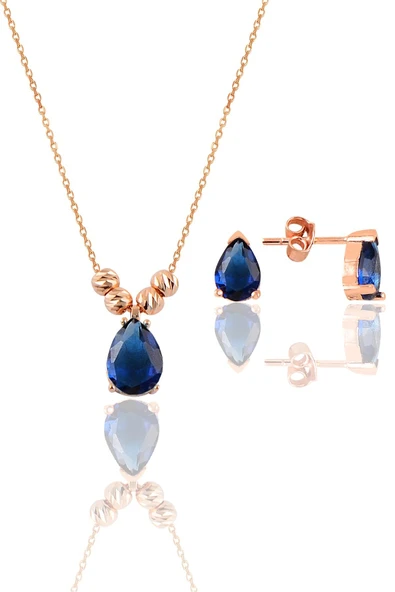 Gümüş rose safir renkli dorica damla kolye ve çivi modeli küpe seti  SGTL11416LACIVERT ürün görseli 1