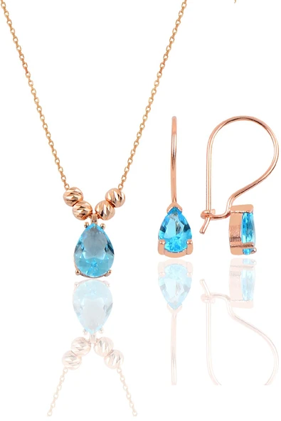 Gümüş rose akuamarin renkli dorica damla kolye ve çengelli küpe seti  SGTL11417MAVI ürün görseli 1
