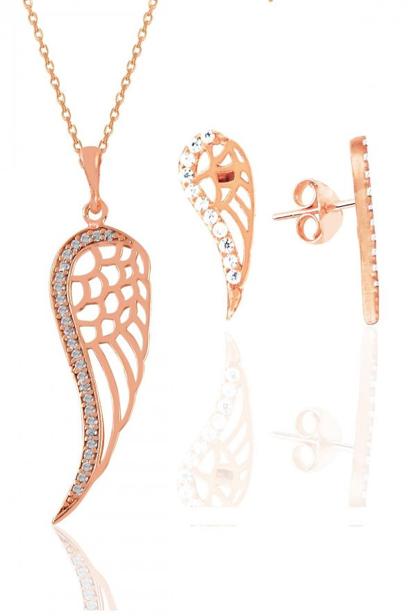 Gümüş rose zirkon taşlı kanat kolye ve küpe seti ürün görseli 1