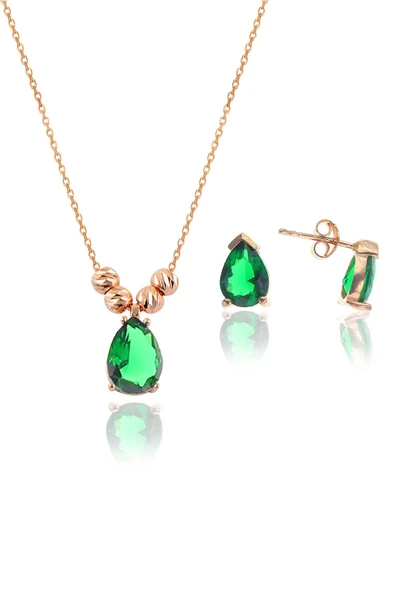 Gümüş rose kök zümrüt taşlı  dorica damla kolye ve çivi modeli küpe seti  SGTL11416YESIL ürün görseli 1