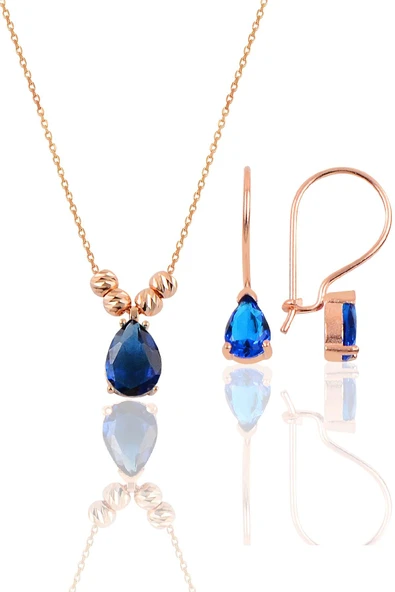 Gümüş rose safir renkli dorica damla kolye ve çengelli küpe seti  SGTL11417LACIVERT ürün görseli 1