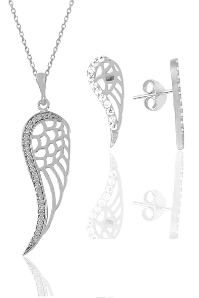 Gümüş rodyumlu zirkon taşlı kanat kolye ve küpe seti SGTL11411RODAJ ürün görseli 1