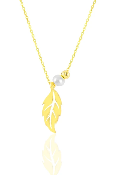 Gümüş altın yaldızlı incili yaprak kolye SGTL11421GOLD ürün görseli 1