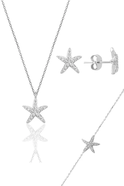 Gümüş rodyumlu zirkon taşlı deniz yıldızı üçlü set SGTL11440RODAJ ürün görseli 1