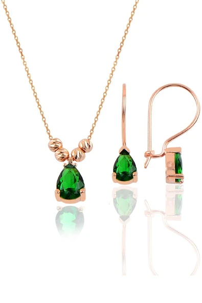 Gümüş rose kök zümrüt taşlı dorica damla kolye ve çengelli küpe seti  SGTL11417YESIL ürün görseli 1