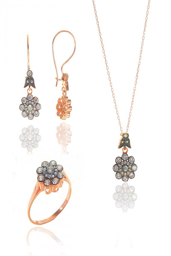 Gümüş rose zirkon taşlı elmas montürlü çiçek modeli set SGTL11461ROSE ürün görseli 1