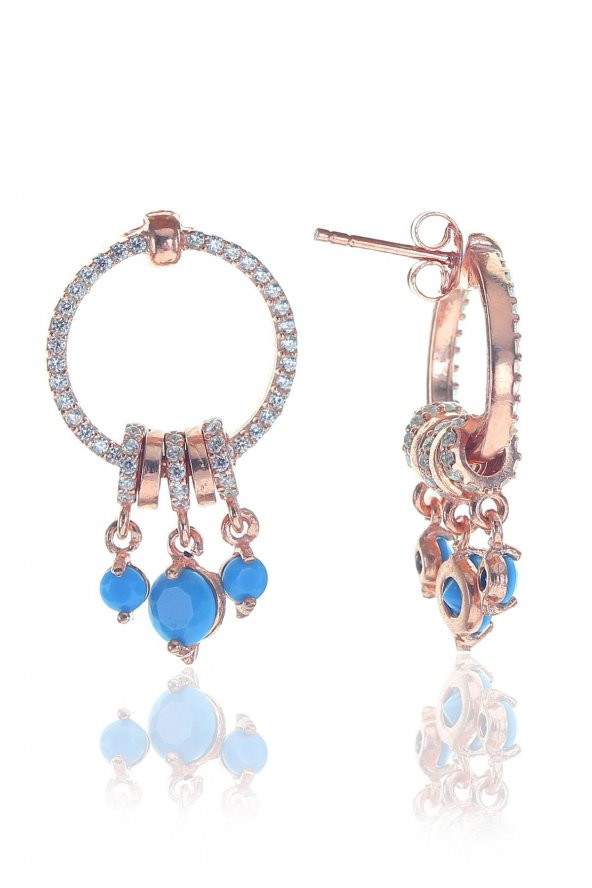 Gümüş rose turkuaz taşlı sallantılı ring küpe ürün görseli 1