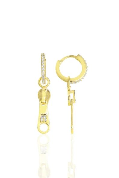 Gümüş altın yaldızlı zirkon taşlı özel tasarım fermuar küpe SGTL11495GOLD ürün görseli 1