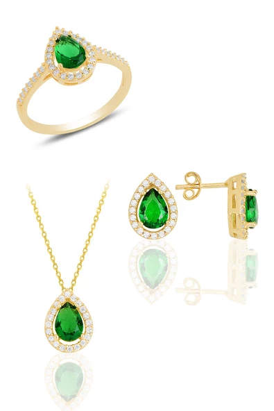 Gümüş altın yaldızlı kök zümrüt taşlı damla modeli üçlü set SGTL11517YESIL ürün görseli 1