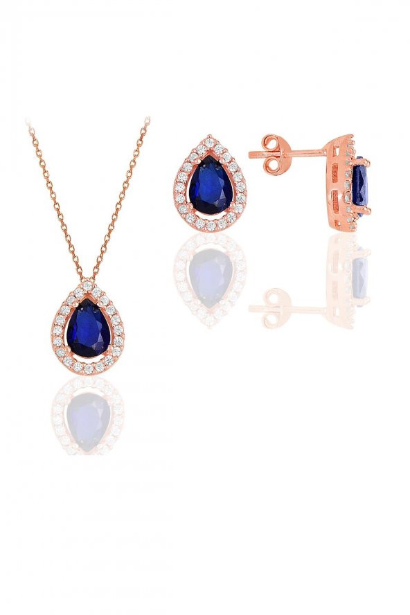 Gümüş rose safir taşlı damla modeli ikili set ürün görseli 1