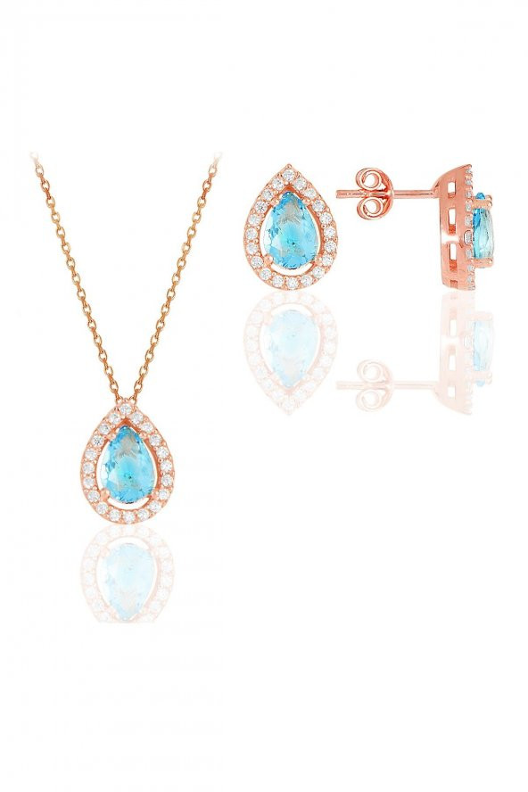 Gümüş rose akuamarin taşlı damla modeli ikili set ürün görseli 1
