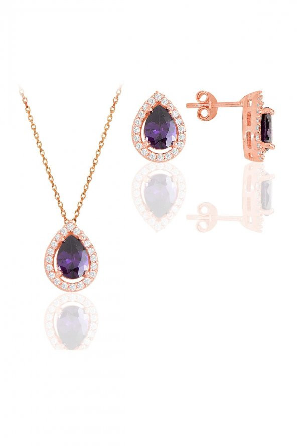 Gümüş rose ametis taşlı damla modeli ikili set ürün görseli 1