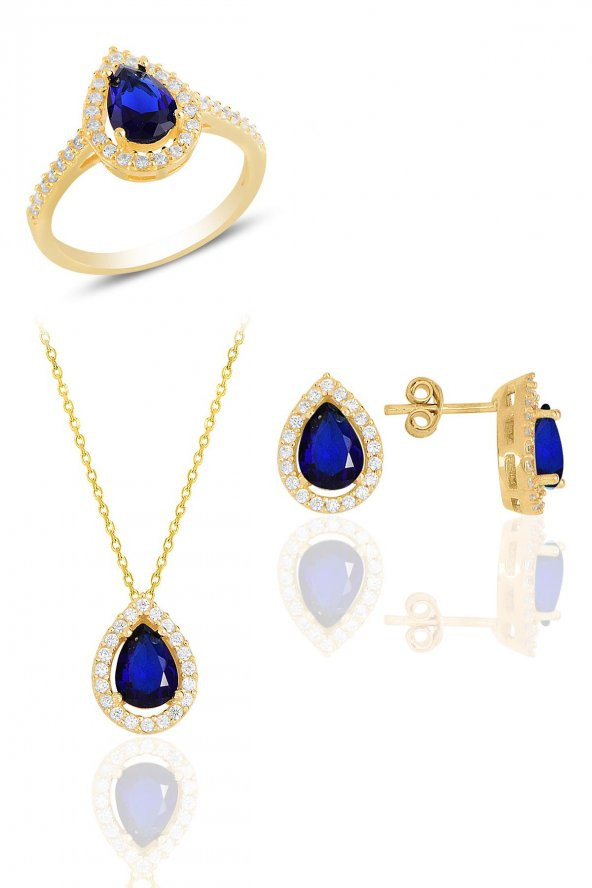 Gümüş altın yaldızlı safir taşlı damla modeli üçlü set SGTL11517LACIVERT ürün görseli 1