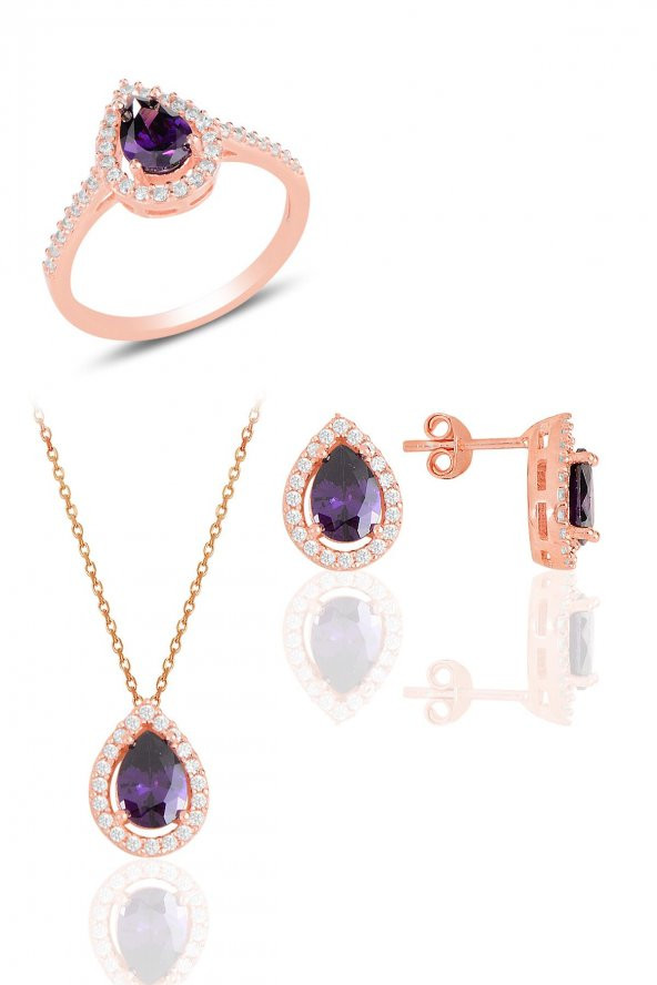 Gümüş rose ametis taşlı damla modeli üçlü set SGTL11512MOR ürün görseli 1