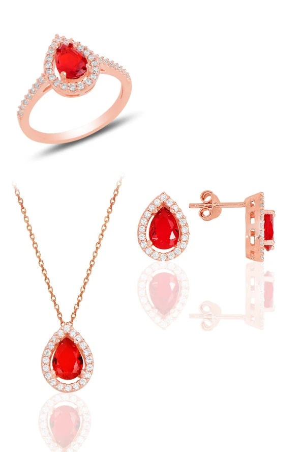 Gümüş rose kırmızı taşlı damla modeli üçlü set SGTL11512KIRMIZI ürün görseli 1