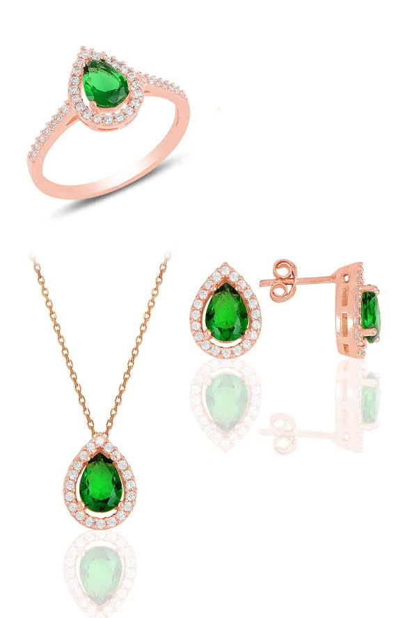 Gümüş rose kök zümrüt taşlı damla modeli üçlü set SGTL11512YESIL ürün görseli 1