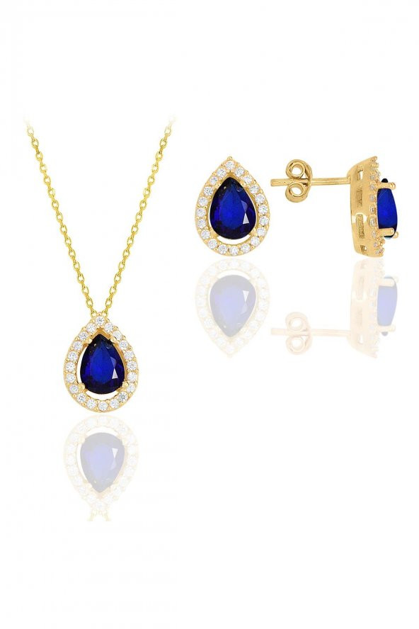 Gümüş altın yaldızlı safir taşlı damla modeli ikili set ürün görseli 1