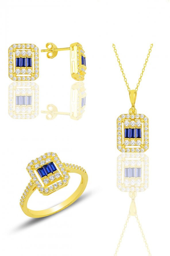 Gümüş  altın yaldızlı baget kesim safir taşlı çizgili üçlü set SGTL11562LACIVERT ürün görseli 1