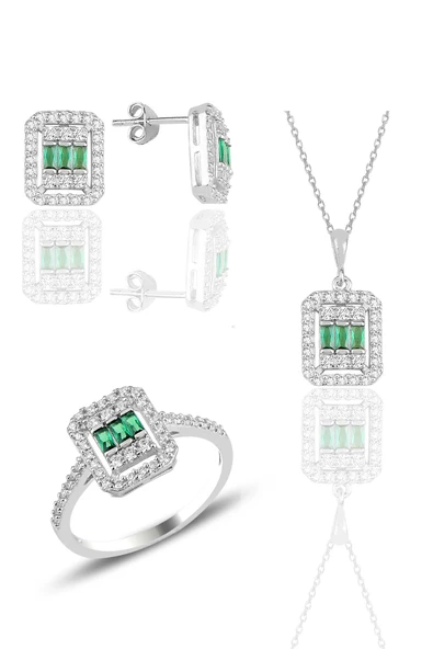 Gümüş beyaz altın rodyumlu baget kesim kök zümrüt taşlı çizgili üçlü set SGTL11561YESIL ürün görseli 1
