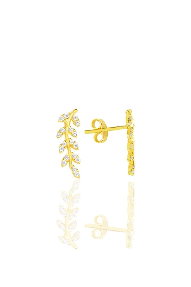 Gümüş altın yaldızlı zirkon taşlı yeni yaprak küpe SGTL11558GOLD ürün görseli 1