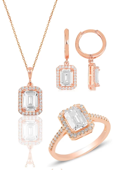Gümüş rose baget taşlı üçlü set SGTL11564ROSE ürün görseli 1
