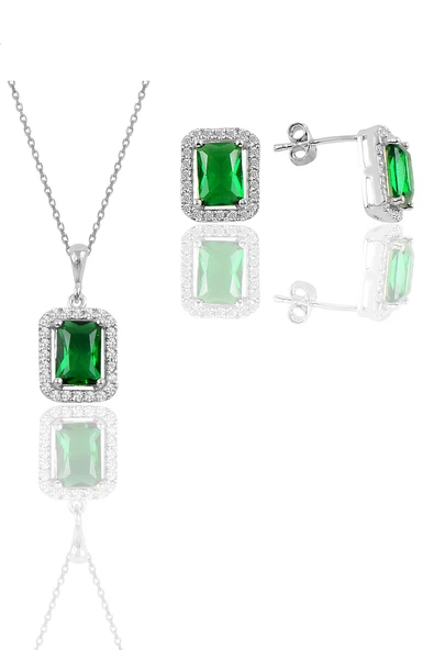 Gümüş rodyumlu kök zümrüt taşlı baget kesim ikili set SGTL11567YESIL ürün görseli 1