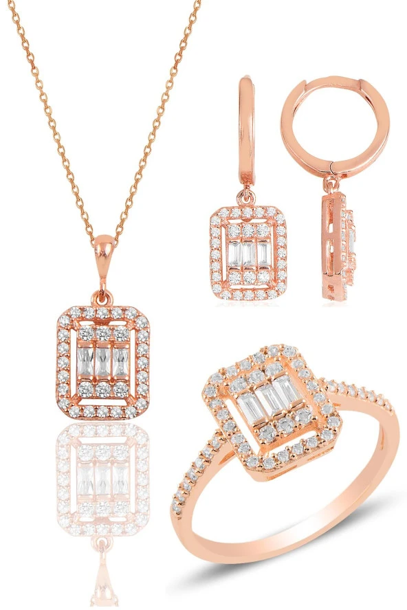 Gümüş rose baget taşlı çizgili üçlü set SGTL11565ROSE ürün görseli 1