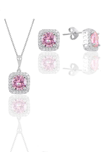 Gümüş beyaz altın rodyumlu pembe taşlı kare ikili set SGTL11579PEMBE ürün görseli 1