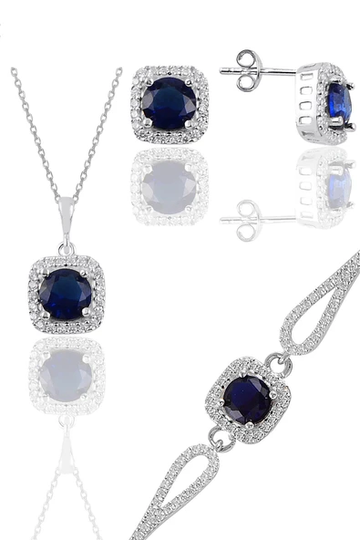 Gümüş rodyumlu safir taşlı kare kolye küpe ve bileklikten oluşan üçlü set SGTL11578LACIVERT ürün görseli 1