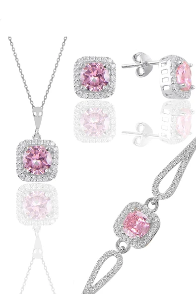 Gümüş rodyumlu pembe taşlı kare kolye küpe ve bileklikten oluşan üçlü set SGTL11578PEMBE ürün görseli 1