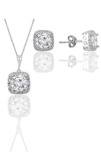 Gümüş beyaz altın rodyumlu zirkon taşlı kare ikili set SGTL11579BEYAZ ürün görseli 1