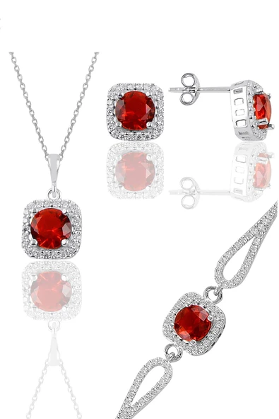 Gümüş rodyumlu kırmızı taşlı kare kolye küpe ve bileklikten oluşan üçlü set SGTL11578KIRMIZI ürün görseli 1